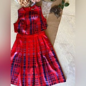 New York & Company Eva Mendes Callista Flare Dress Red Shiny Plaid Size 8 NWT …